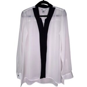 Kenneth Cole Sheer Long Sleeve Chiffon Button Down Black‎ White Top Womens Sz L